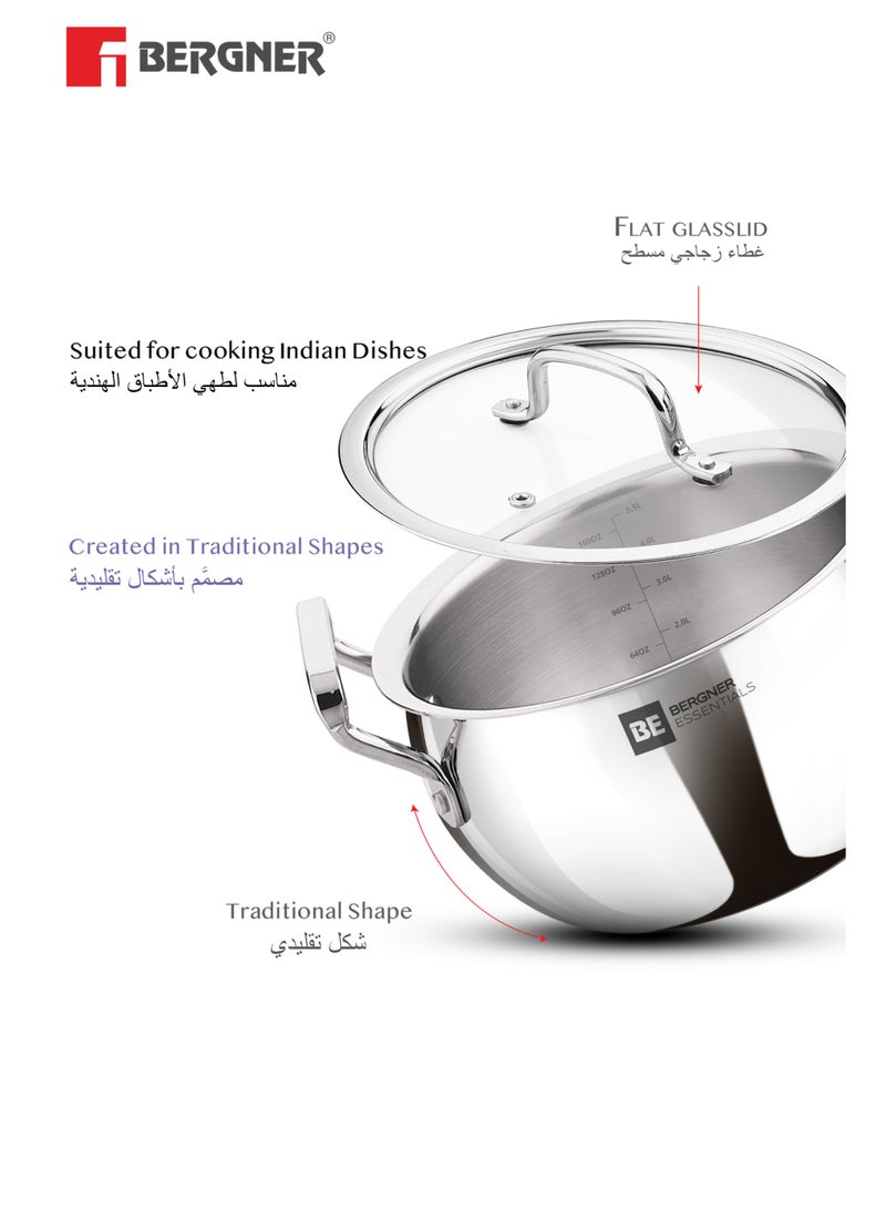 Bergner Essentials 24cm (5.5L) Tri-Ply Stainless Steel Large Rice Pot – Heavy-Duty Healthy Cooking Handi with Glass Lid for Biryani Pulao Soups Curries – Even Heating – Gas & Induction Compatible - Image 4
